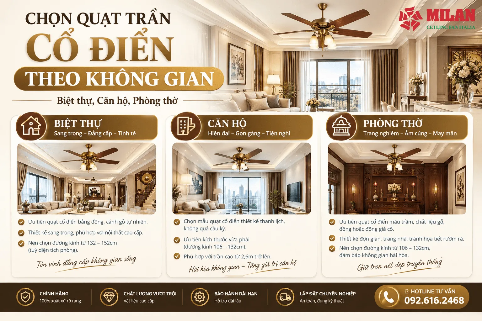 quạt trần cổ điển theo không gian